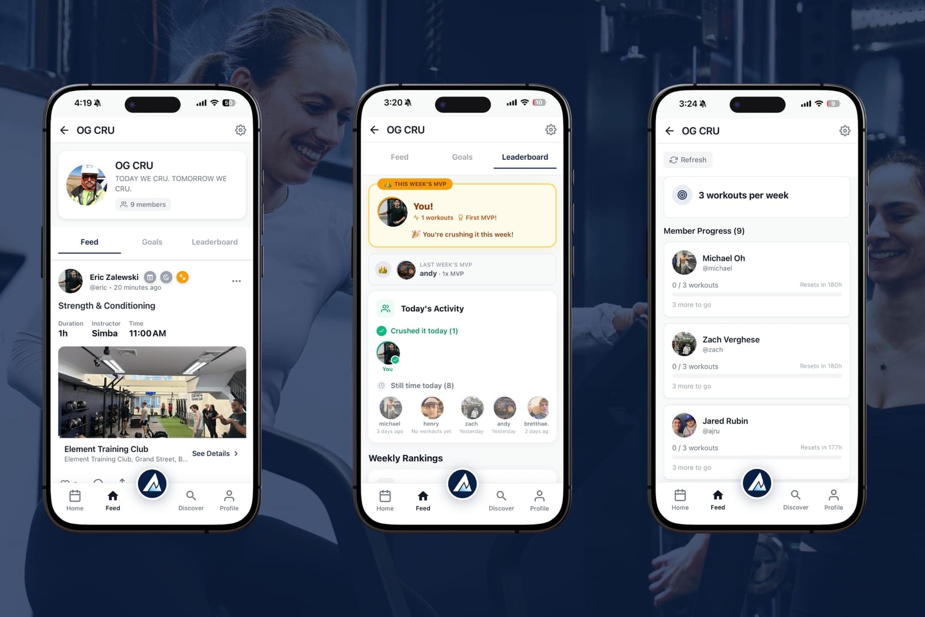OG CRU group feature showing Feed with workout posts, Leaderboard with weekly MVP, and Member Progress tracking