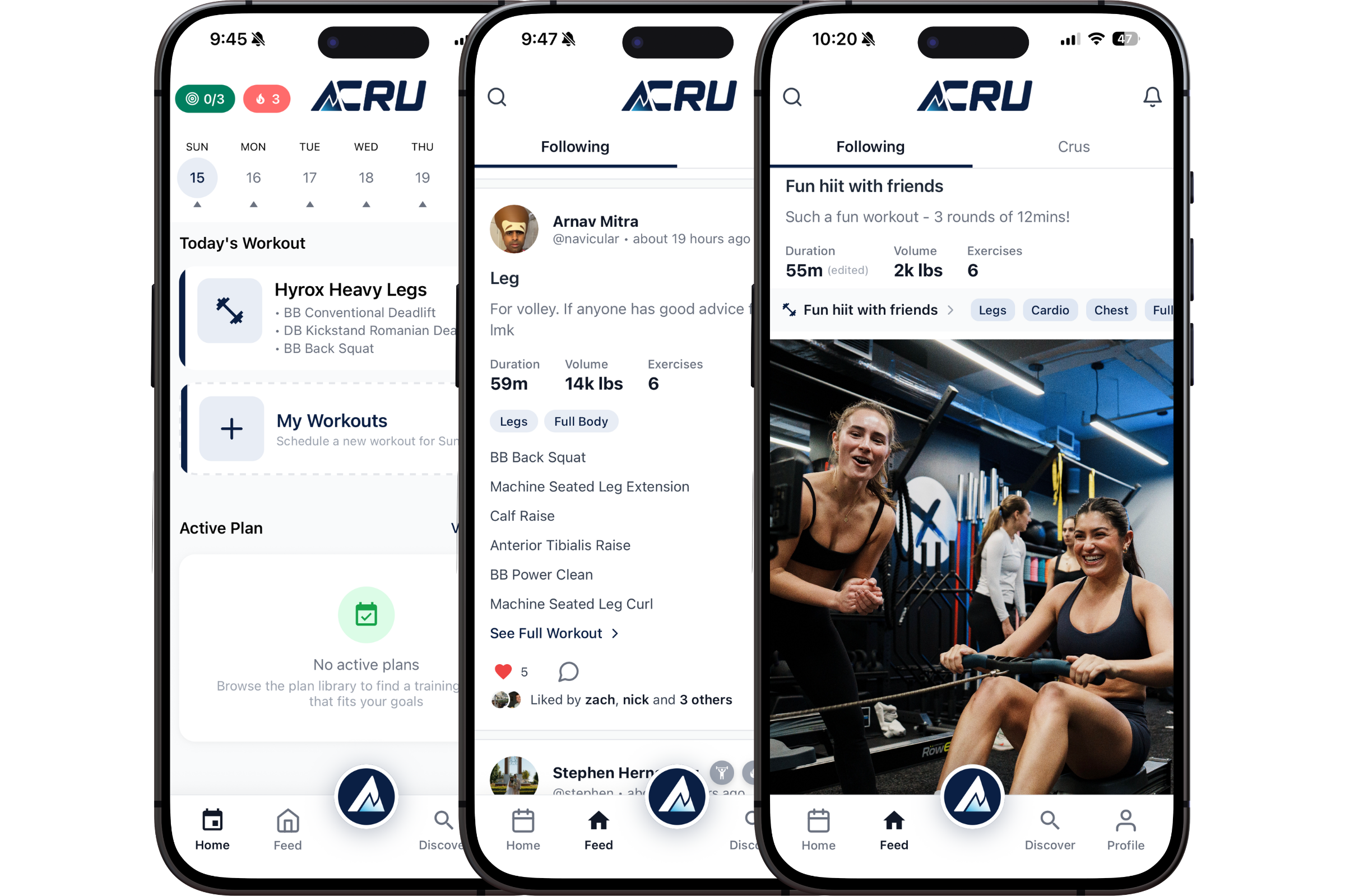 Acru app interface showing workout tracking, social feed, and crew features
