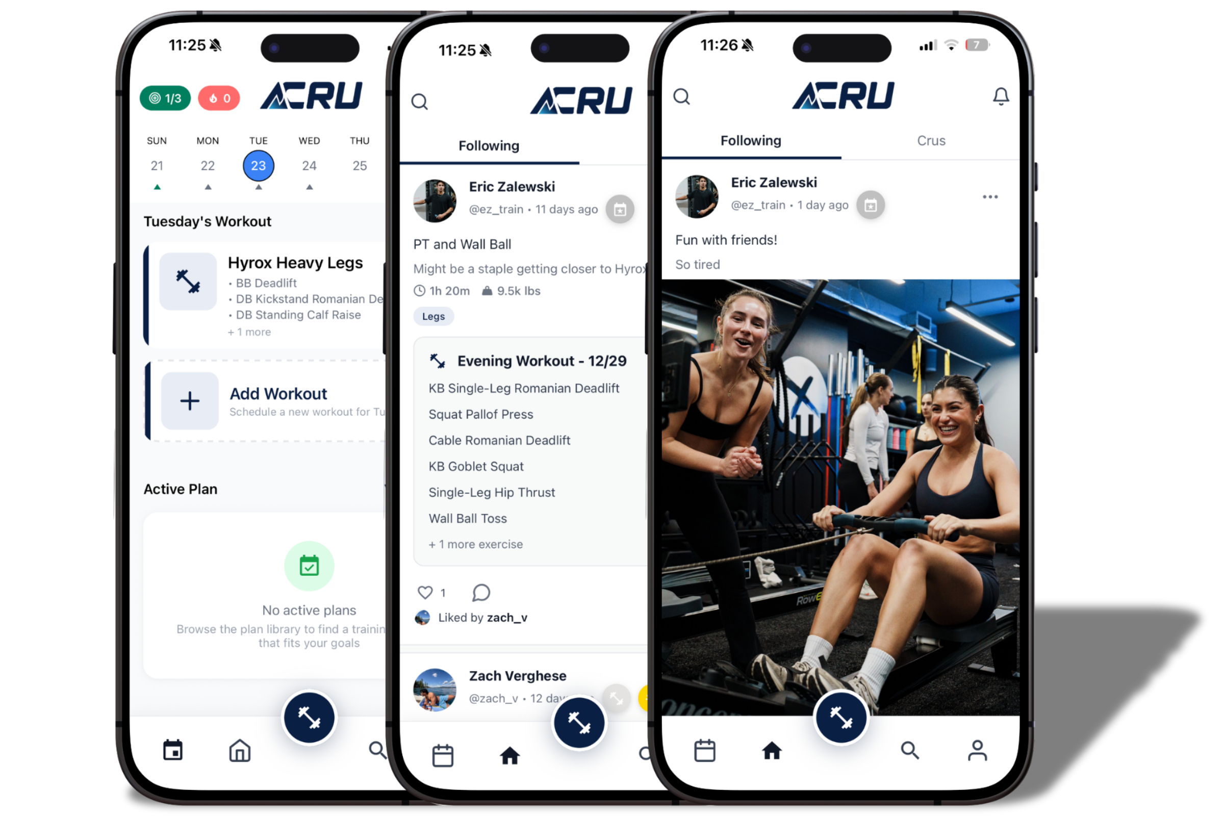Acru app interface showing workout tracking, social feed, and crew features